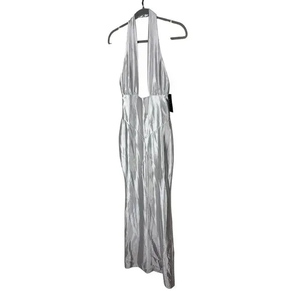 Retrofete Charity Gown Maxi Halter Party Formal Gala Prom Classy Guest Silver S